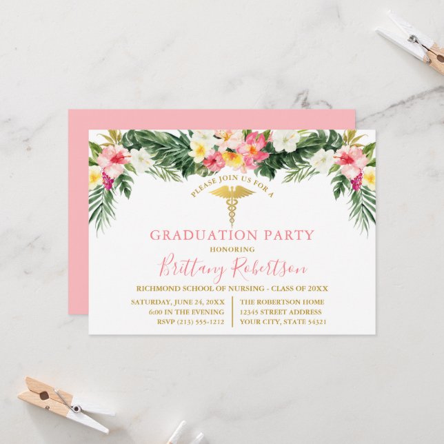 Invitación Watercolor Tropical Floral Pink Medical Grad Party (Anverso/Reverso In Situ)