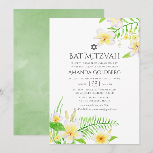 Invitación Watercolor Tropical Frangipani Bat Mitzvah (Anverso / Reverso)