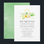 Invitación Watercolor Tropical Frangipani Bat Mitzvah<br><div class="desc">Tarjetas de invitación mitzvah de murciélago frangipanis botánico verde,  amarillo y blanco diseñadas para ser rápida y fácilmente adaptadas a las necesidades específicas de tu evento.</div>