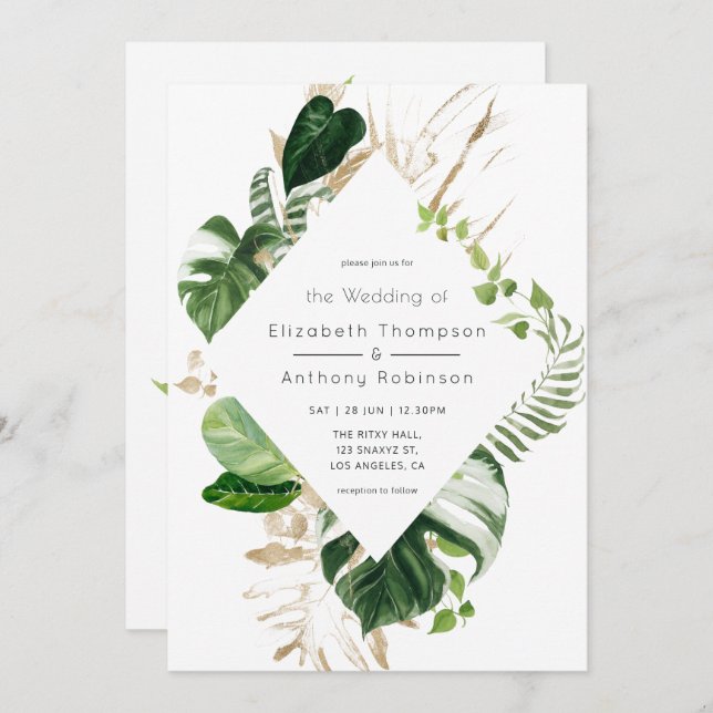 Invitación Watercolor Tropical Geometric Beach Wedding (Anverso / Reverso)
