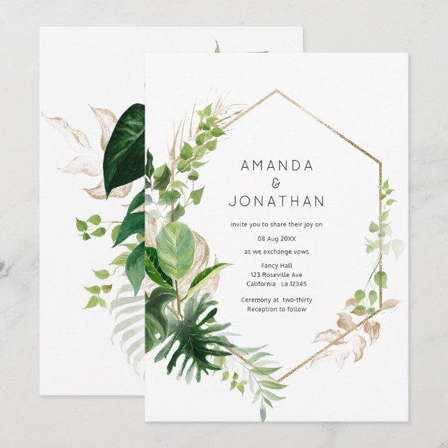 Invitación Watercolor Tropical Geometric Beach Wedding (Anverso / Reverso)