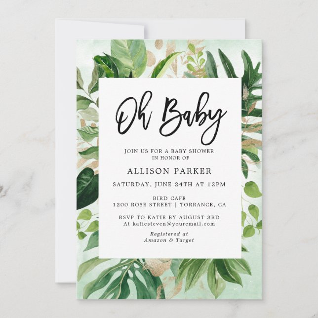 Invitación Watercolor Tropical Leaves Baby Shower (Anverso)
