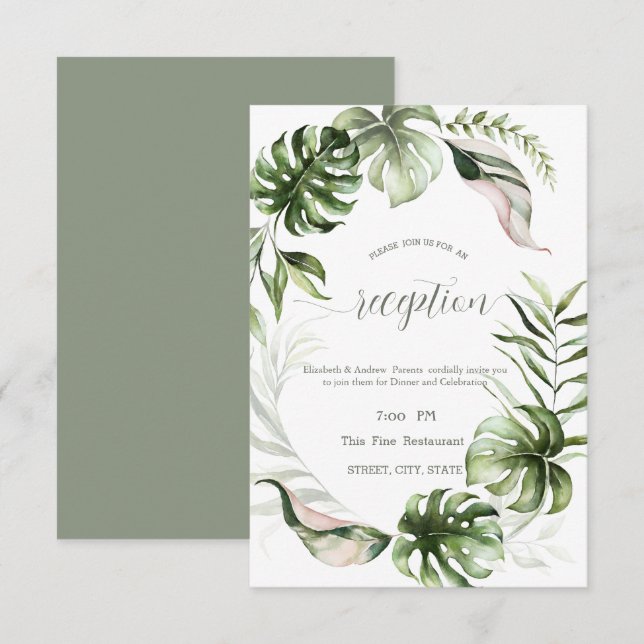 Invitación Watercolor Tropical Leaves Greenery  (Anverso / Reverso)