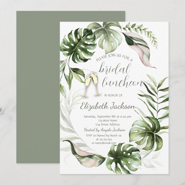 Invitación Watercolor Tropical Leaves Greenery  (Anverso / Reverso)
