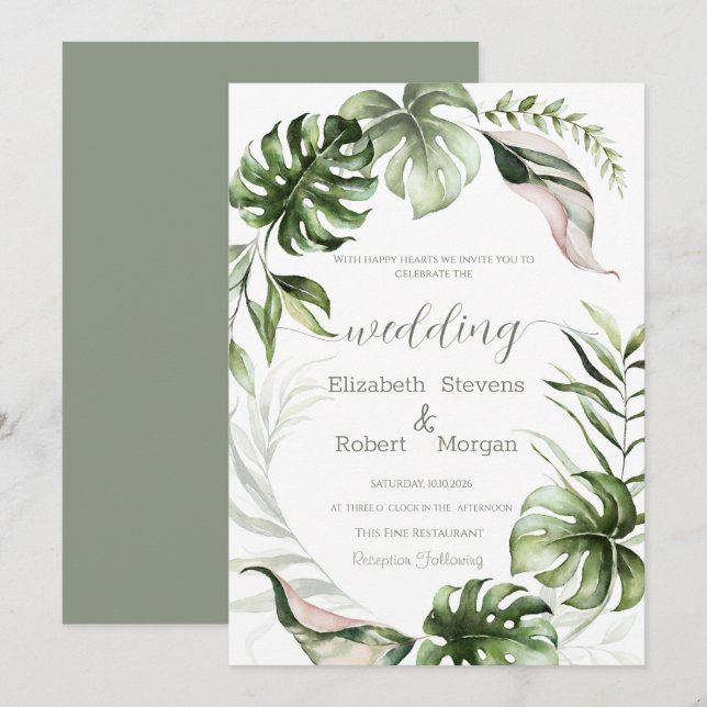 Invitación Watercolor Tropical Leaves Greenery  Wedding (Anverso / Reverso)