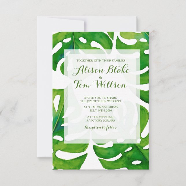 Invitación Watercolor tropical leaves wedding invitation (Anverso)