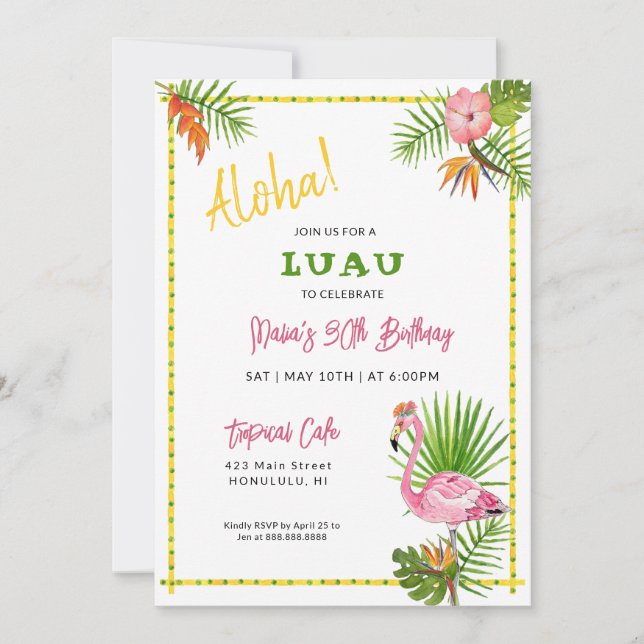 Invitación Watercolor Tropical Luau Birday (Anverso)