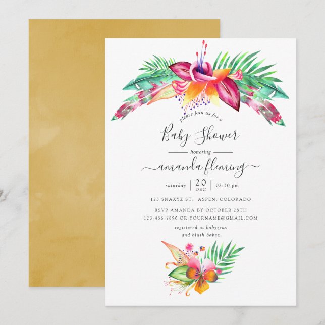Invitación Watercolor Tropical Summer Beach Baby Shower (Anverso / Reverso)
