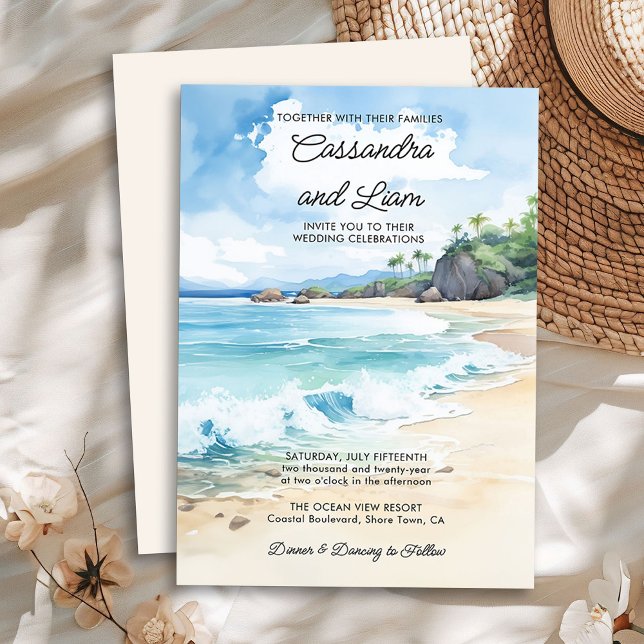 Invitación Watercolor Tropical Summer Beach Wedding (Watercolor Wedding Invitation from the Summer Beach Wedding Collection by Darling & May)