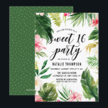 Invitación Watercolor Trópico Marco Floral Dulce 16 Fiesta<br><div class="desc">Una divertida y caprichosa invitación dulce dieciséis fiestas con hibiscos acuarelas,  hojas de palma,  hojas de plátano y otros acentos tropicales. Esta dulce invitación de 16 personalizables es perfecta para fiestas de cumpleaños de verano.</div>