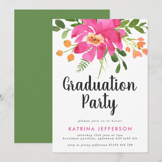 Invitación Watercolor Tropics Graduation Party (Anverso / Reverso)