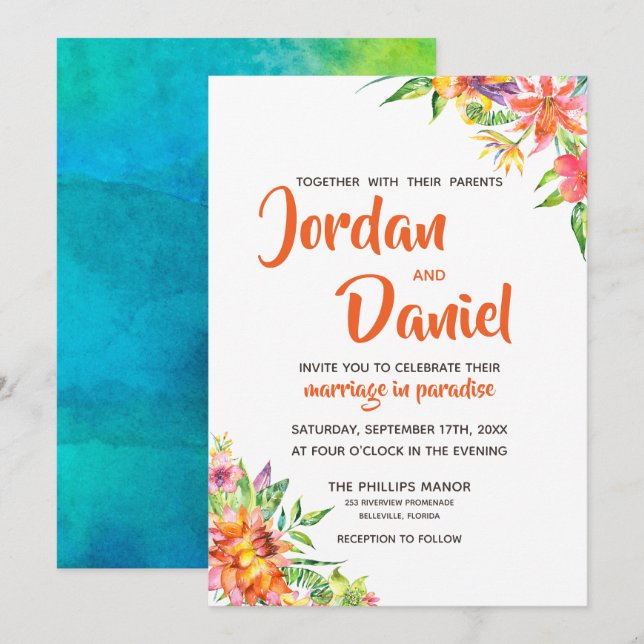 Invitación Watercolor Tropics Moda Floral Boda de destino (Anverso / Reverso)
