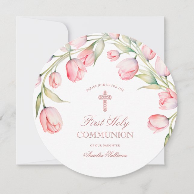 Invitación Watercolor Tulips Primera Ronda de Comunión (Anverso)