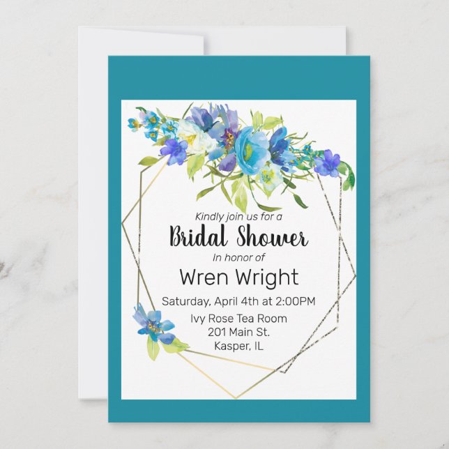 Invitación Watercolor Turquoise Azul Púrpura Floral (Anverso)
