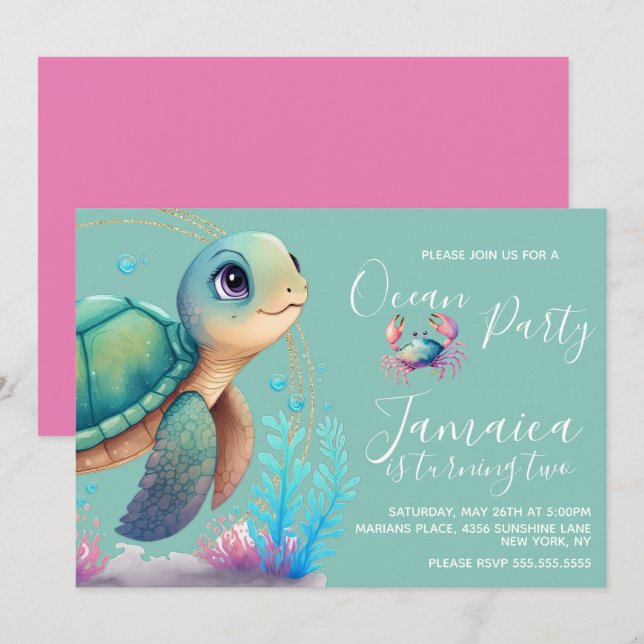 Invitación Watercolor Turtle Ocean Beach Birday Party (Anverso / Reverso)