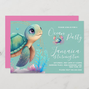 Invitación Watercolor Turtle Ocean Beach Birday Party