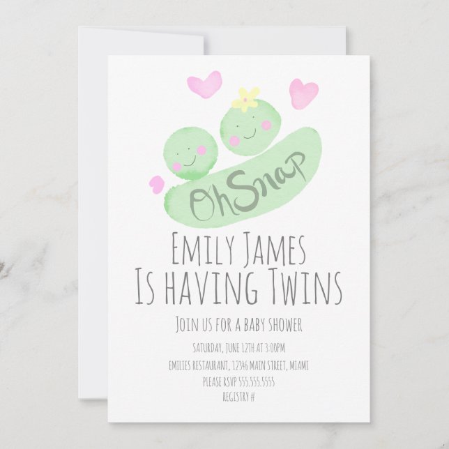 Invitación Watercolor Twins Pea Pods Baby Shower (Anverso)