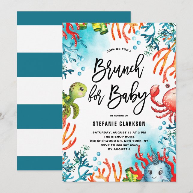 Invitación Watercolor Under Sea Baby Shower Brunch (Anverso / Reverso)