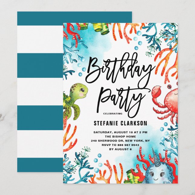 Invitación Watercolor Under Sea Friends Birthday Party (Anverso / Reverso)