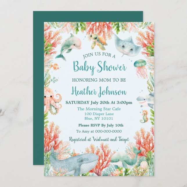 Invitación Watercolor Under the Sea Baby Shower (Anverso / Reverso)