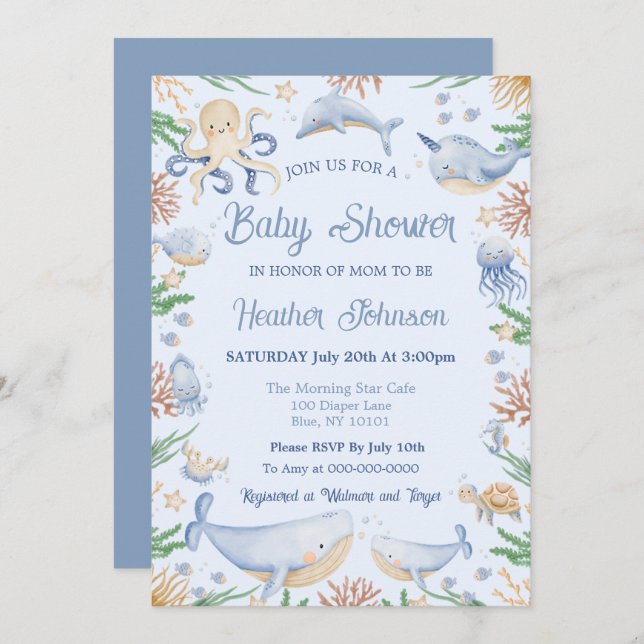 Invitación Watercolor Under the Sea Baby Shower (Anverso / Reverso)