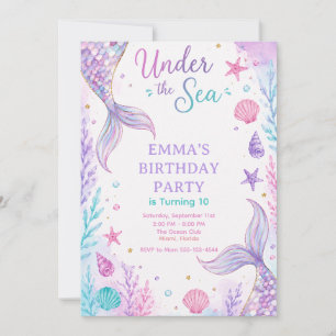 Invitación Watercolor Under the Sea Mermaid Birthday Invitati