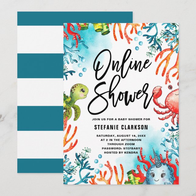 Invitación Watercolor Under the Sea Online Baby Shower (Anverso / Reverso)
