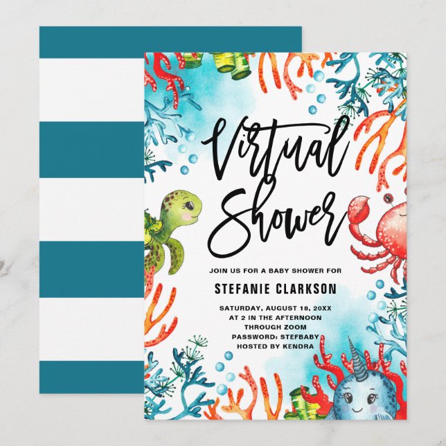 Invitación Watercolor Under the Sea Virtual Baby Shower (Anverso / Reverso)