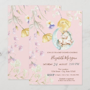 Invitación Watercolor Unicorn Moon Wildflowers Baby Shower