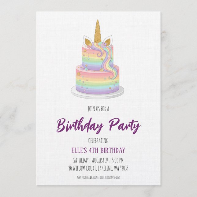 Invitación watercolor unicorn rainbow birthday invitation (Anverso)