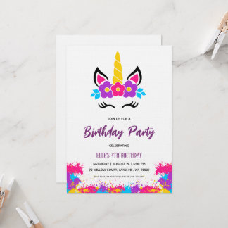 Invitación watercolor unicorn rainbow birthday invitation
