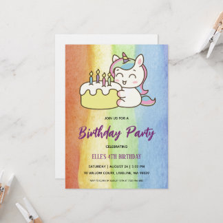 Invitación watercolor unicorn rainbow birthday invitation