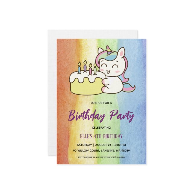 Invitación watercolor unicorn rainbow birthday invitation (Anverso/Reverso In Situ)