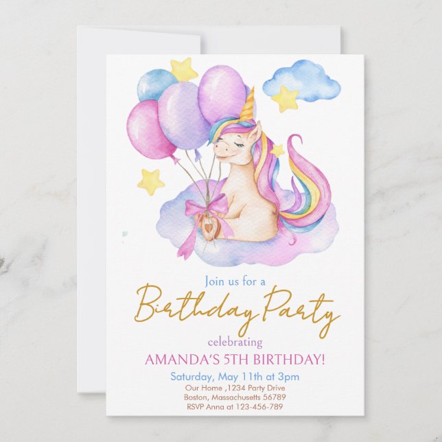 Invitación Watercolor Unicornio cumpleaños (Anverso)