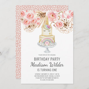 Invitación Watercolor Unicornio Primer Chica de Cumpleaños