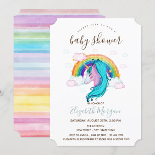 Invitación Watercolor Unicornio Rayas Arcoiris Baby Shower