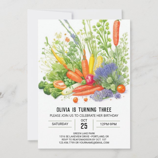 Invitación Watercolor Veggie Patch Cumpleaños (Anverso)
