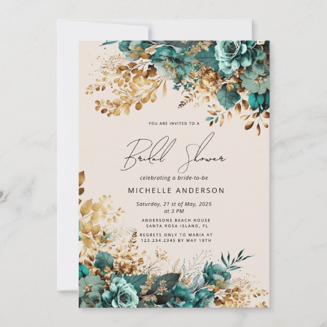 Invitación Watercolor Verde azulado Gold Floral Bridal Shower (Anverso)
