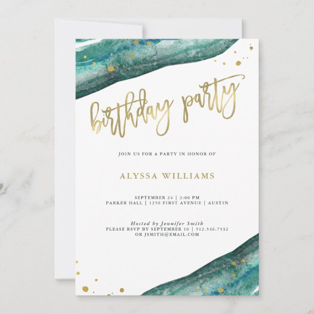 Invitación Watercolor Verde azulado y Fiesta de Cumpleaños de (Anverso)