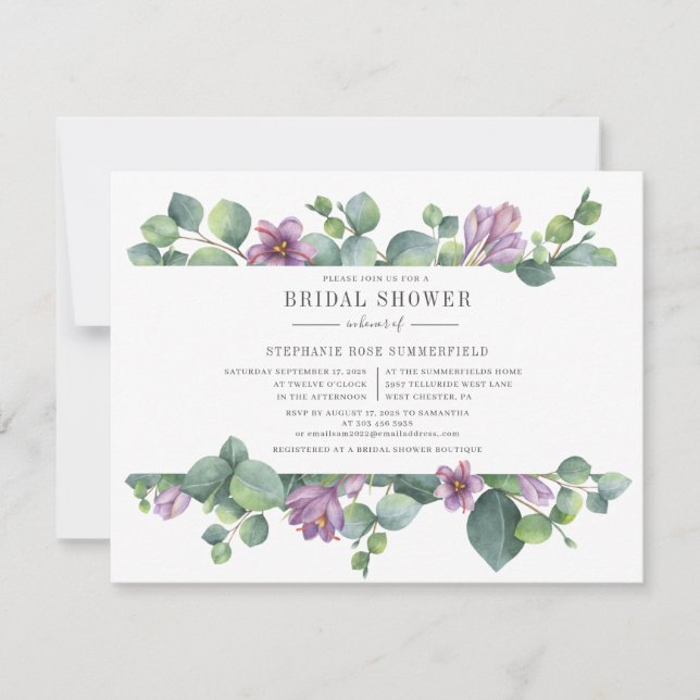 Invitación Watercolor Verde Morado Eucalipto Ducha de novia (Anverso)