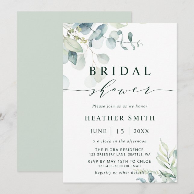 Invitación Watercolor Verdor Botánico Ducha Bridal (Anverso / Reverso)