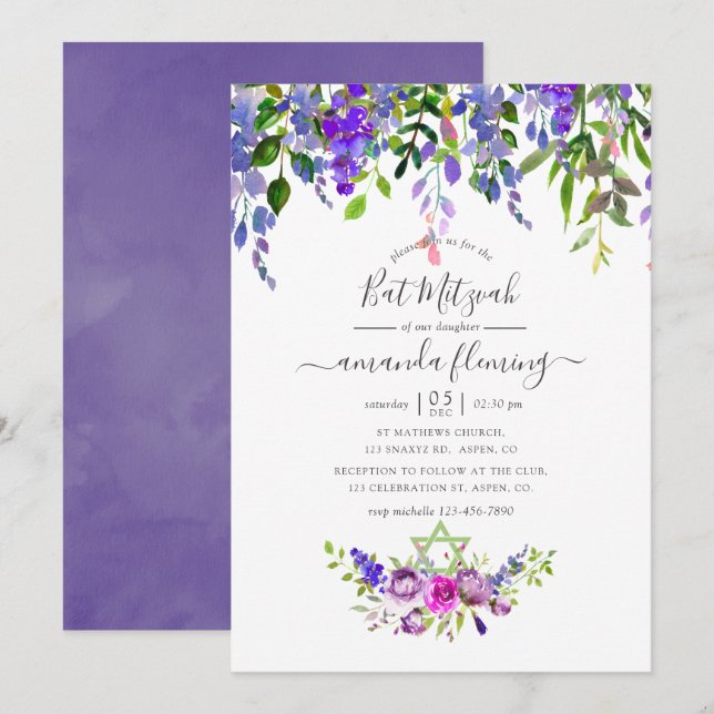 Invitación Watercolor Violet Floral Bat Mitzvah (Anverso / Reverso)