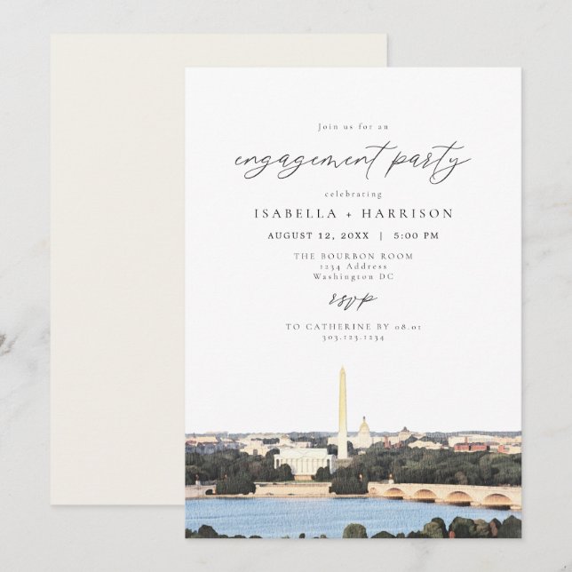 Invitación Watercolor Washington DC Monument Engagement Party (Anverso / Reverso)