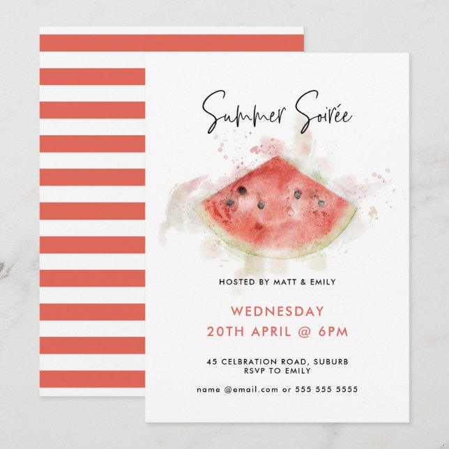 Invitación Watercolor Watermelon Summer Fiesta (Anverso / Reverso)
