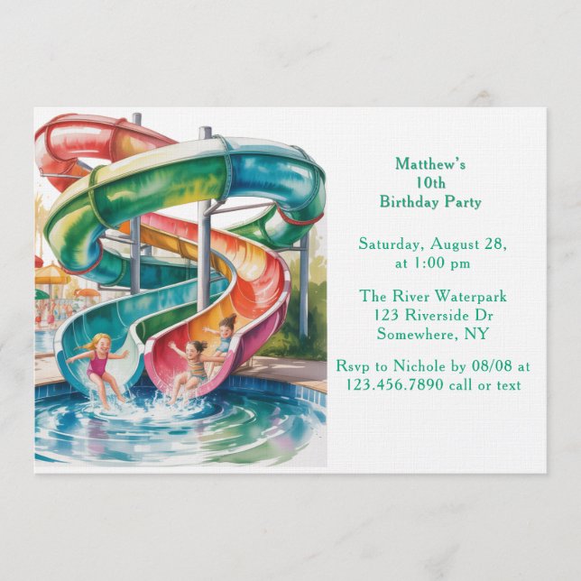 Invitación Watercolor Waterslide Kids Birthday Party (Anverso)