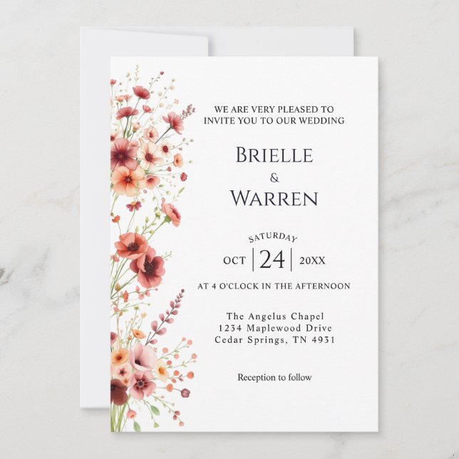 Invitación Watercolor Wedding Invitation with Wild Flowers (Anverso)