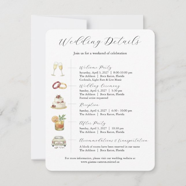 Invitación Watercolor Wedding Invitations Details Card (Anverso)