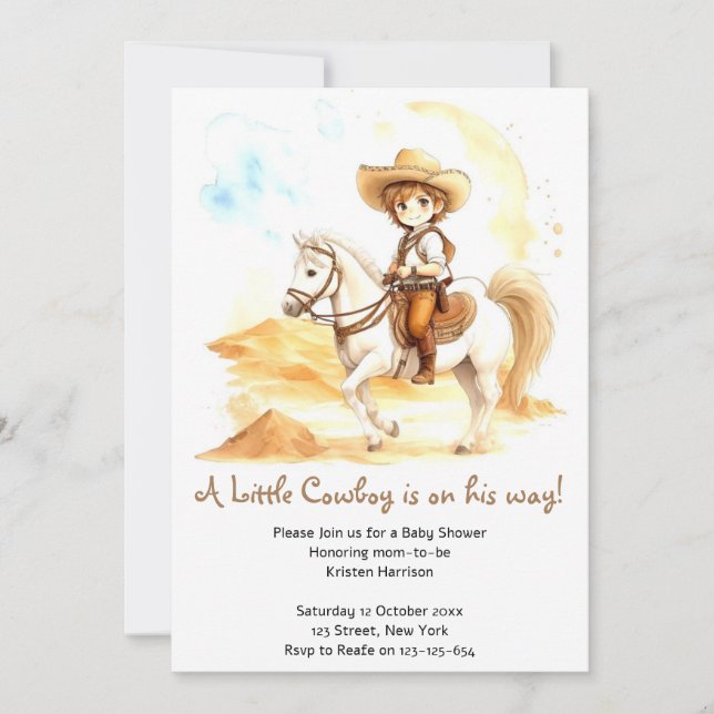 Invitación Watercolor Western Cowboy Baby Shower (Anverso)