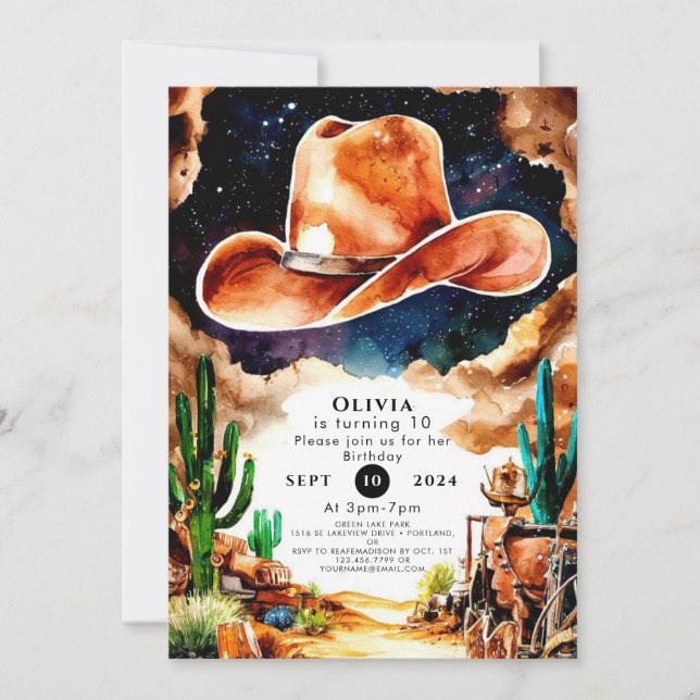 Invitación Watercolor Western Cowboy Birday (Anverso)