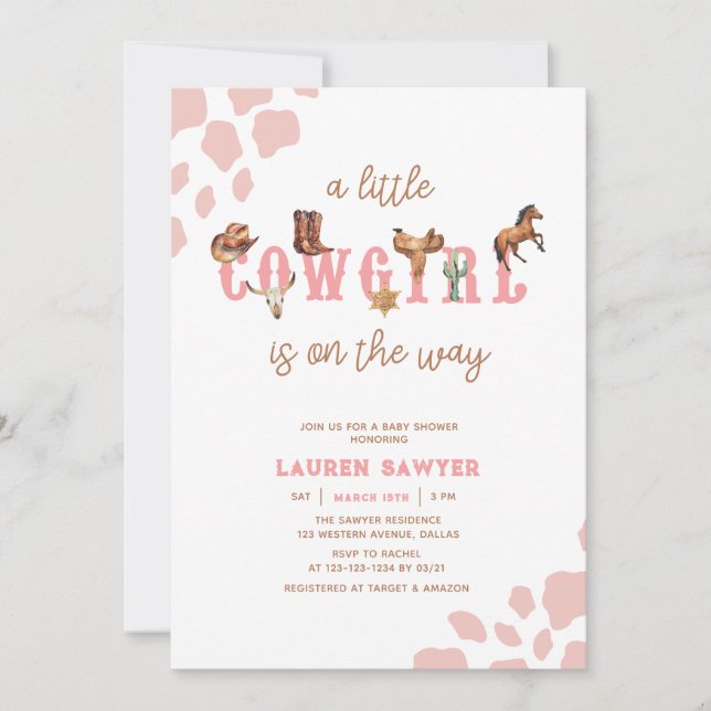Invitación Watercolor Western Cowgirl Girl Shower (Anverso)